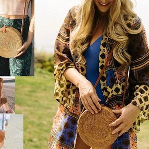 Happy Lily  Handwoven Round Rattan Circle Tropical Beach Crossbody Bag